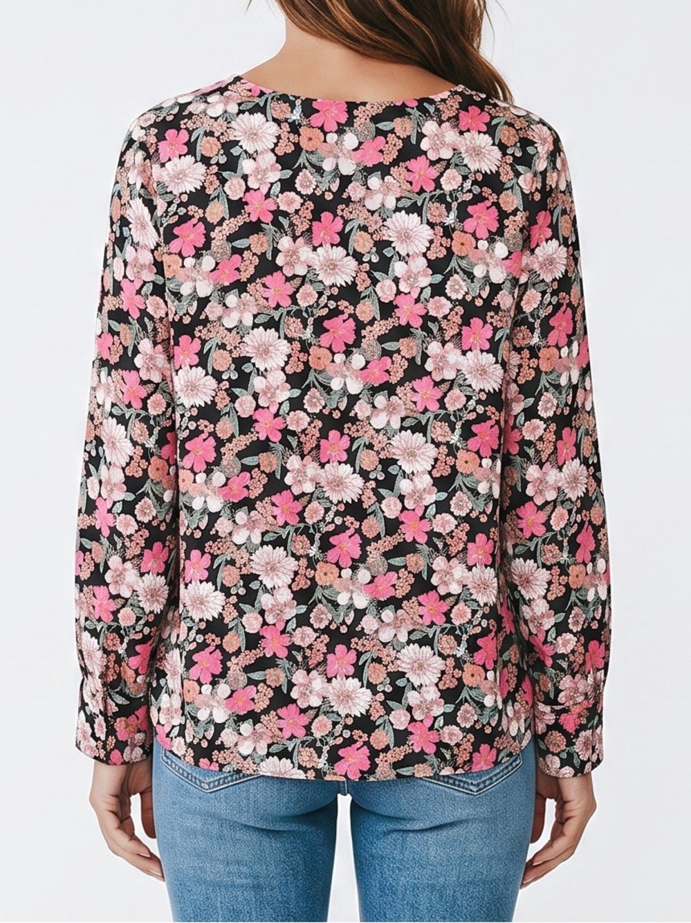 Jodifl Black Floral Chiffon V-Neck Long Sleeve Tunic Top Size Large - Picture 5 of 8